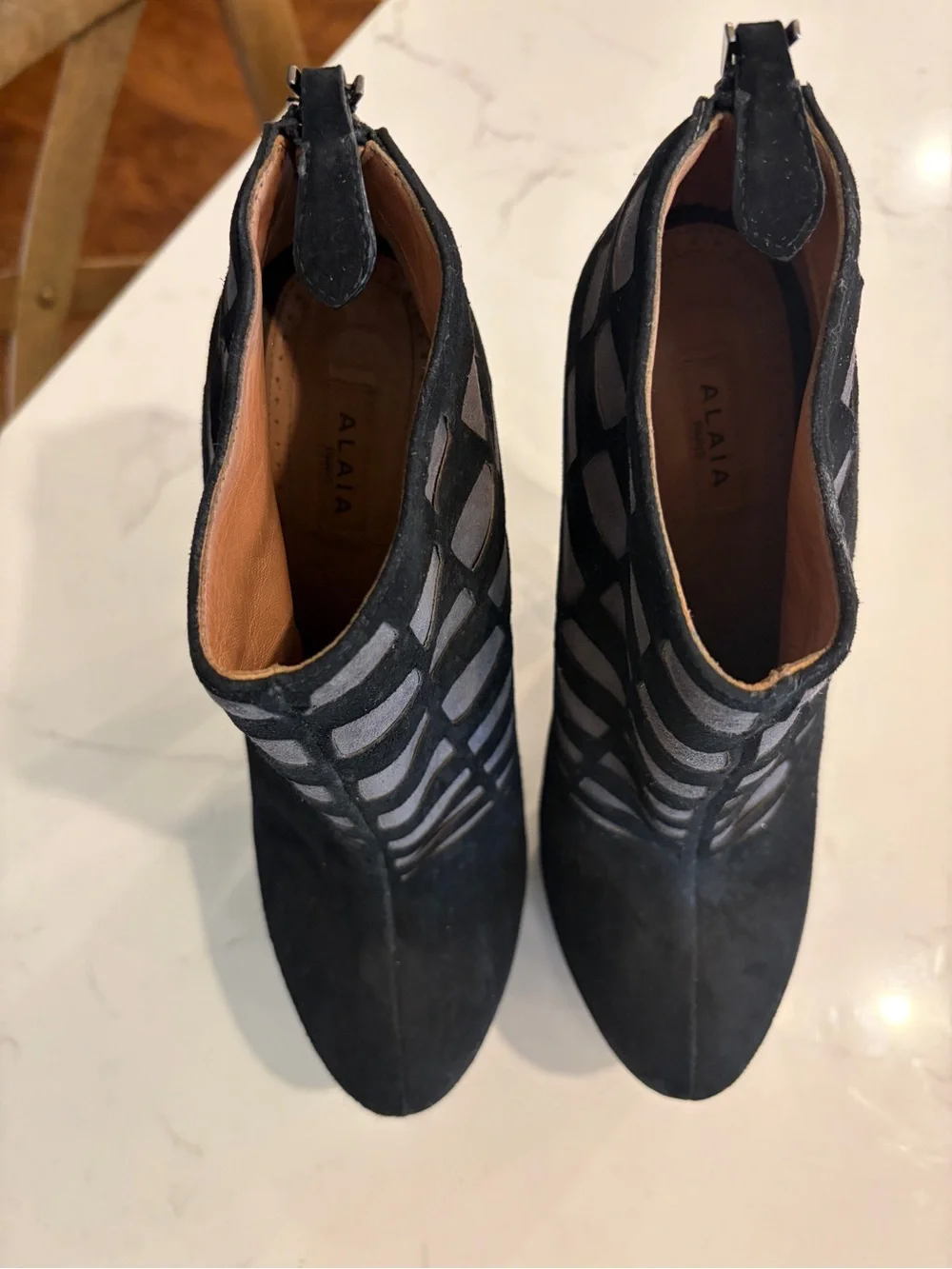 Alaia Black and Gray Suede Laser Cut Platform Booties Size Heels.Size 36 or US 6